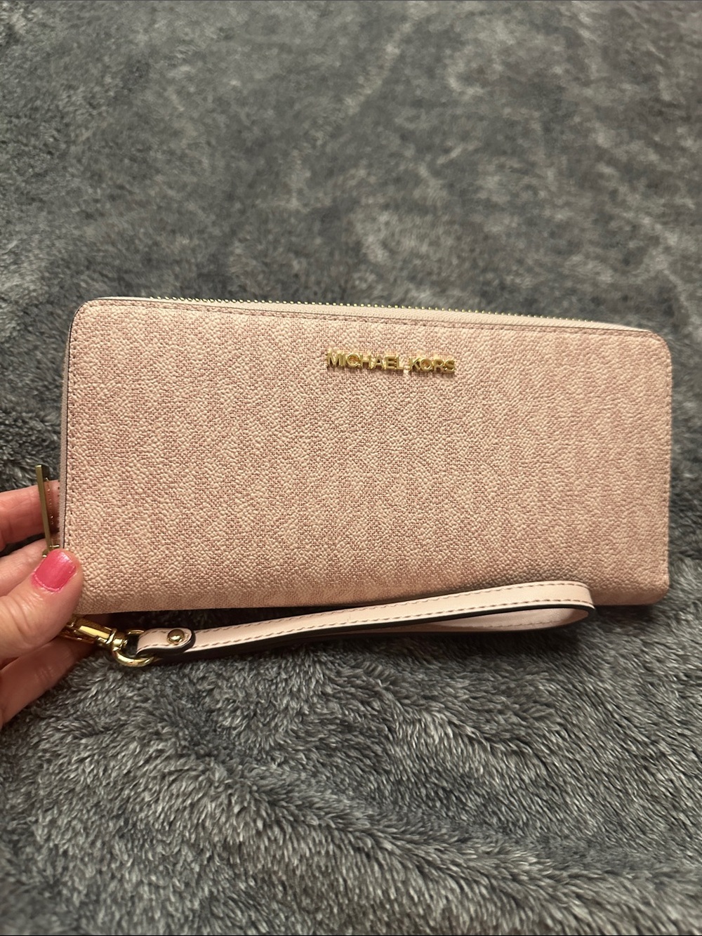 Michael Kors Light Pink Saffiano Wristlet Wallet with Gold Logo